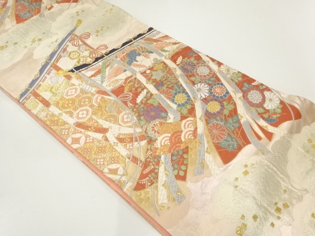 アンティーク　几帳に花鳥模様織出し袋帯（材料）